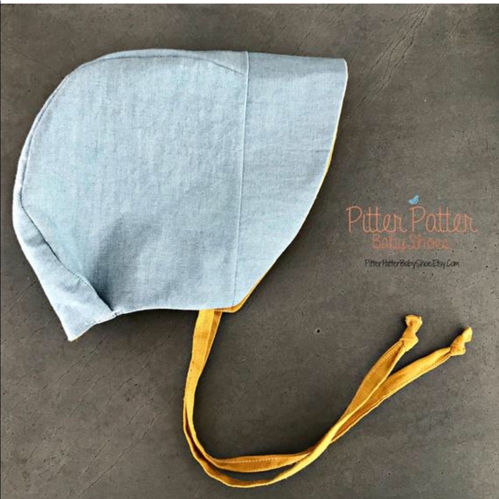 Mustard linen and chambray baby bonnet
